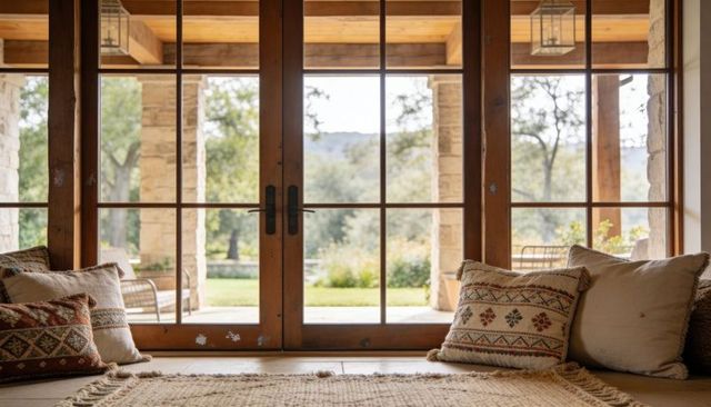 Rustic wood french doors framing tranquil garden view, boho cushions on woven rug