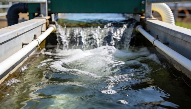 Flowing water over weir in metal trough with aeration, foam, pipes and reflective surface