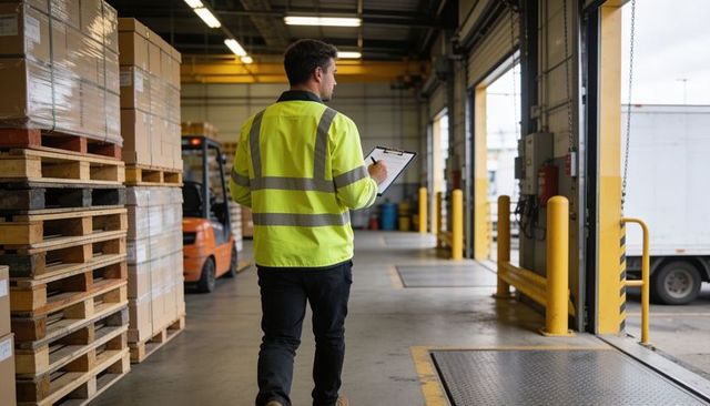 Warehouse dock inspector walking in hi-vis jacket with clipboard by pallets and forklift