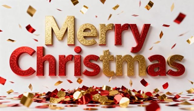 Merry christmas glitter letters with red and gold confetti, festive tabletop sparkle