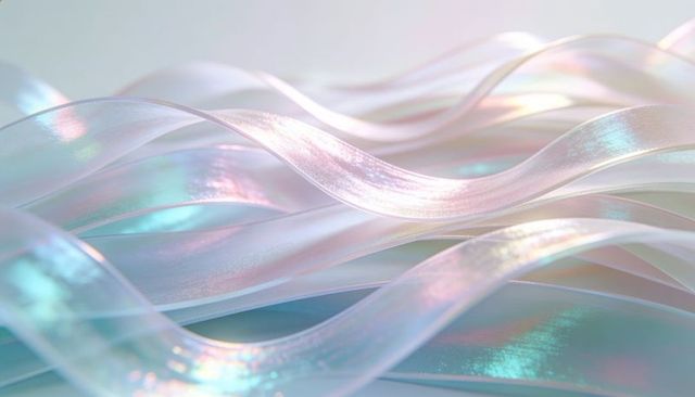 Flowing iridescent translucent ribbons forming layered pastel waves with glossy highlights