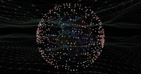 Glowing digital network globe with colorful nodes