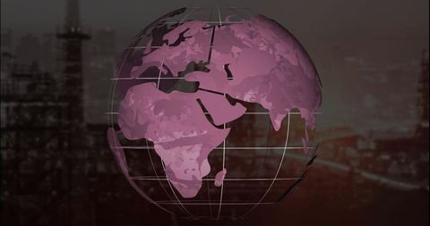 3d rotating globe with pink continents over refinery