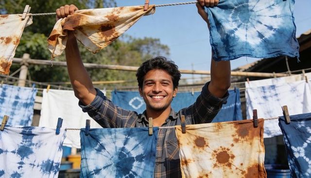 Smiling indian artisan hanging colorful tie-dyed textiles on clothesline in sunlit dye yard