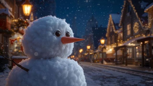 Festive Snowman on Quaint Village Street at Night