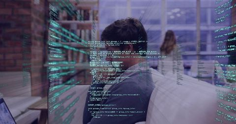 Programmer focusing on monitor holographic code overlay in modern loft office neon skyline