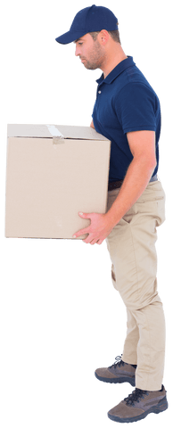 Transparent background delivery man lifting box side view