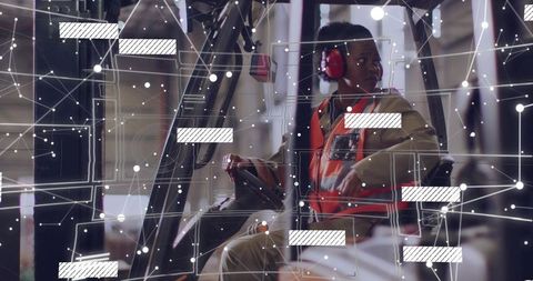 Warehouse Worker Operating Forklift Surrounded by Network Design