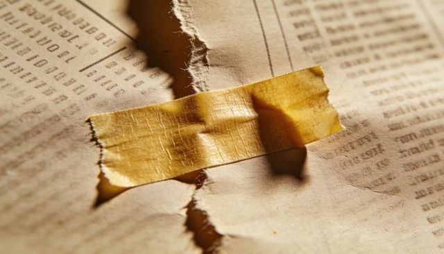 Yellow Masking Tape Holding Torn Vintage Newsprint Sheet Macro Texture in Warm Light