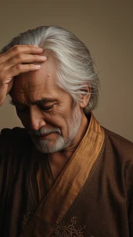 Vertical portrait video of senior man reflecting, smoothing hair and smiling in robe