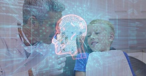 Pediatric dentist and child with digital brain map concept