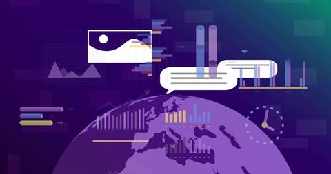 Global data visualization dashboard with purple globe, bar charts and futuristic ui