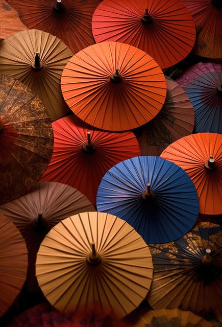 A visually striking arrangement of colorful handmade paper umbrellas with overlapping patterns. Each umbrella sports a distinct vibrant color, highlighting traditional craftsmanship. An excellent visual to illustrate themes of multicultural art, handcrafted decor, and creative design. Perfect for use in articles on cultural crafts, art projects, or as decorative element in interior design visuals.
