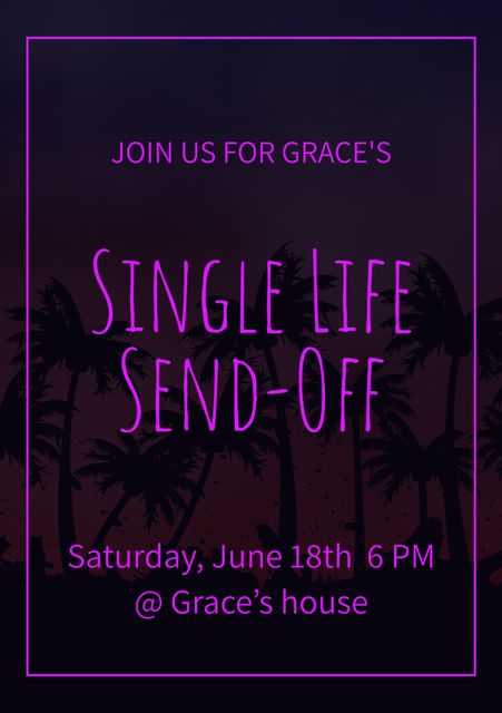 Invitation template featuring a vibrant sunset theme with palm trees, ideal for bachelorette and farewell events. Customizable text on a purple background, perfect for summer celebrations and parties. Useful for creating personalized invites for gatherings, parties, and festive send-offs.
