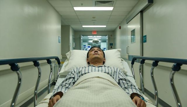 Male patient lying on gurney receiving iv while being wheeled down hospital corridor