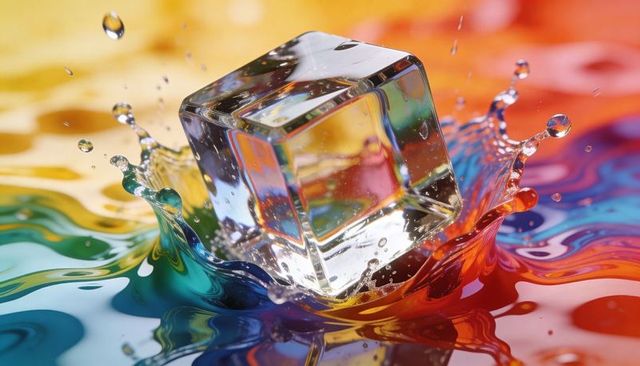 Crystal cube plunging into rainbow liquid creating crown-shaped splash and color ripples