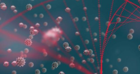 Covid-19 Cells Floating with Spinning Digital DNA Strand on Green Background