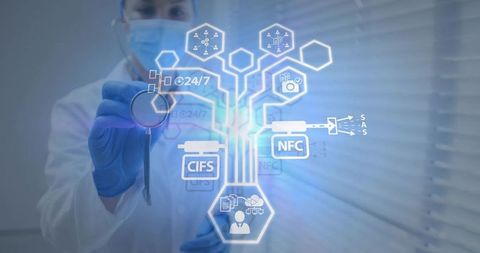 Doctor holding stethoscope projecting holographic medical network for telemedicine data