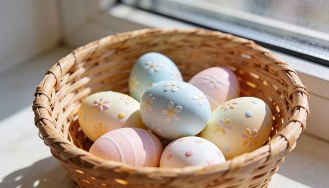 Pastel easter eggs nestling in woven basket on sunlit windowsill with daisy motifs