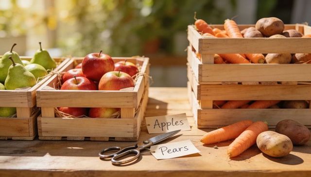 Sunlit rustic wooden crates of fresh apples, pears and carrots at outdoor farmers market