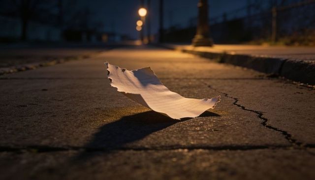 Torn lined paper glowing and resting on night sidewalk under warm streetlamp