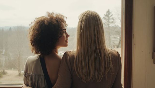 Two Women Embracing Gazing Out Window Over Misty Countryside - Intimate Home Moment