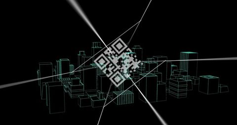QR Code Hologram Over Futuristic Cityscape