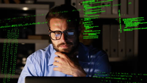 Thoughtful Businessman Analyzing Complex Data on Laptop