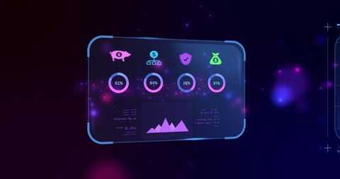 Futuristic digital financial dashboard displaying analytics