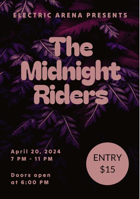 Promotional poster featuring vibrant tropical leaves setting midnight concert for rock band Midnight Riders. Ideal for promoting rock concerts, music events, nightlife entertainment, and festivals. Easy to customize for event announcements or ticket sales.