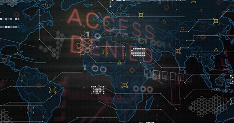 Global Cyber Threat Dashboard Showing Denial Alerts and Network Overlays on Dark Grid
