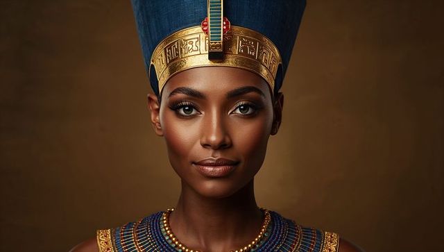 Elegant woman wearing blue headdress and beaded collar