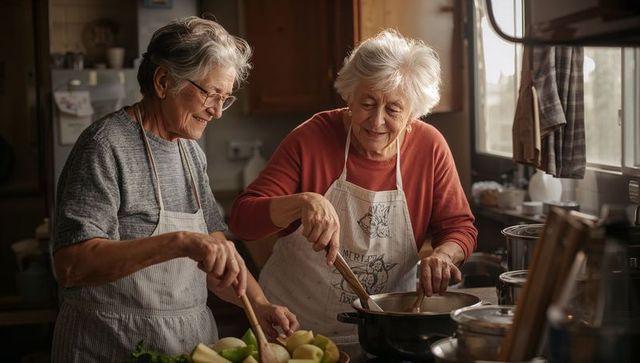 Two senior women cooking together in kitchen preparing apple compote, sharing laughter