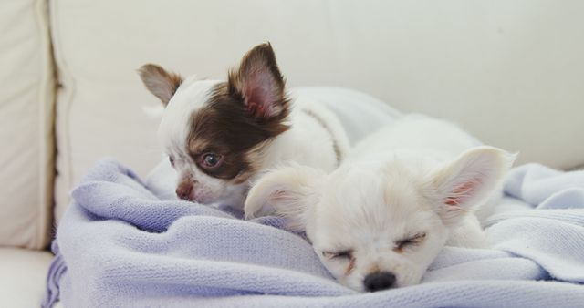Two adorable Chihuahua puppies are cozily nestled together on a soft blue blanket, with one puppy awake and the other sleeping. Their peaceful rest evokes a sense of warmth and companionship.