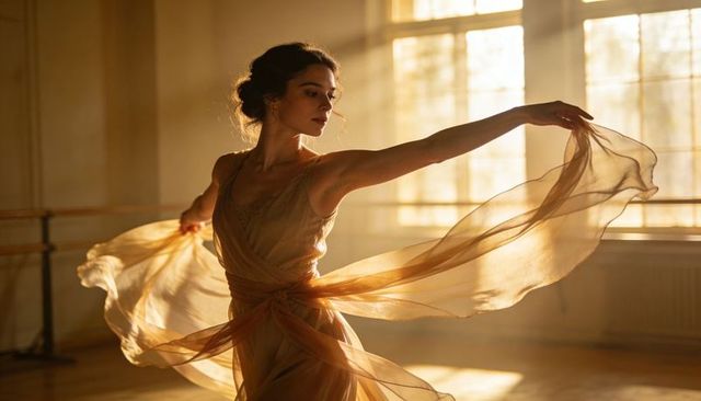 Spinning ballet dancer wearing golden chiffon dress in sunlit studio, graceful silhouette