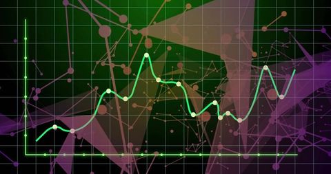 Neon Green Line Graph Showing Data Trends on Dark Grid with Network Nodes Overlay