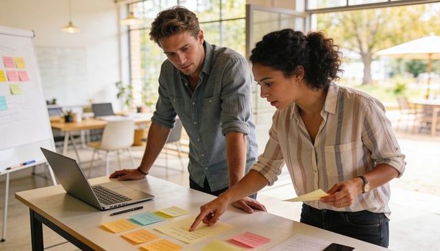 Colleagues Organizing Post-it Notes for Creative Brainstorming in Modern Open Office