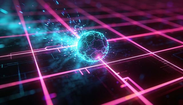 Gliding electric orb emitting neon arcs over cyber circuit grid holographic energy trail