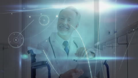 Senior Doctor Using Tablet with Futuristic Tech Elements