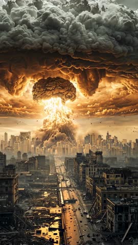 Mushroom cloud rising over devastated city vertical cinematic footage for apocalypse disaster