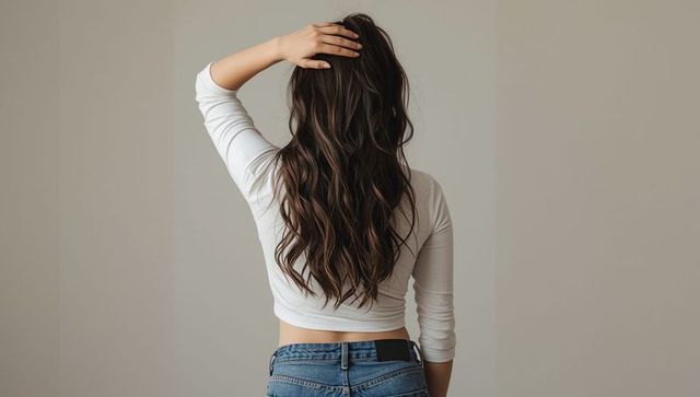 Woman posing in casual outfit with long wavy hair