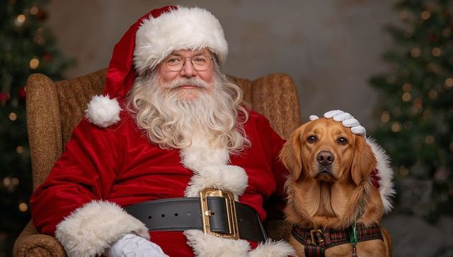 Santa Claus with Golden Retriever Holiday Scene