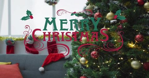 Cozy living room christmas tree with gold red ornaments and merry christmas overlay