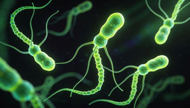 Fluorescent rod bacteria swimming with beaded flagella, microscopic science visualization