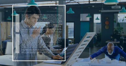 Businessman Standing at Laptop in Modern Architecture Studio with HUD Overlay and Model