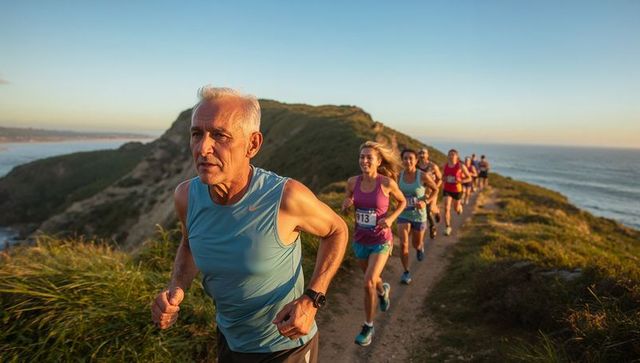 Group trail runners exercising outdoors by ocean coastline