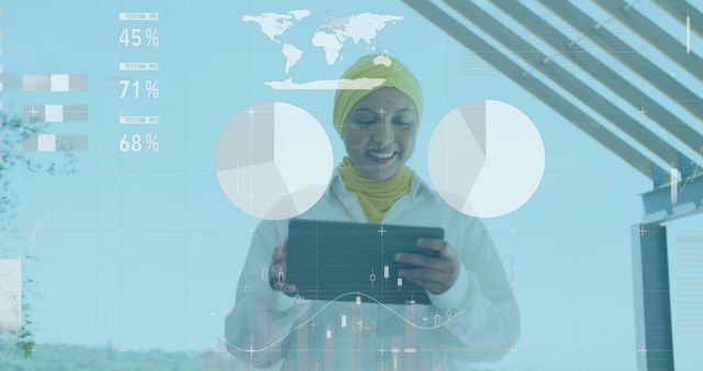 Smiling Woman in Hijab Using Tablet with Data Analytics Hologram - Download Free Stock Images Pikwizard.com