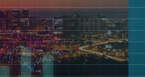 Digital Data Animation Over Cityscape at Dusk