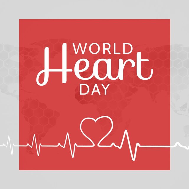 World heart day text and heart rate monitor over red banner against world map on grey background. World heart day awareness concept