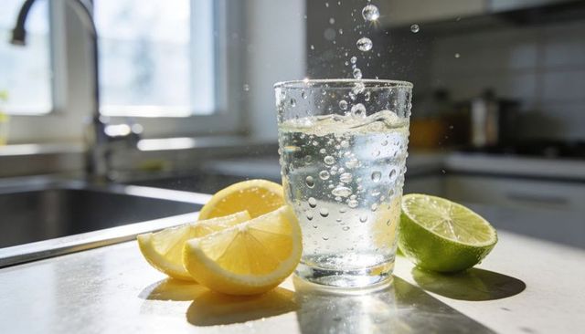 Pouring sparkling water into glass with lemon and lime on sunlit kitchen countertop